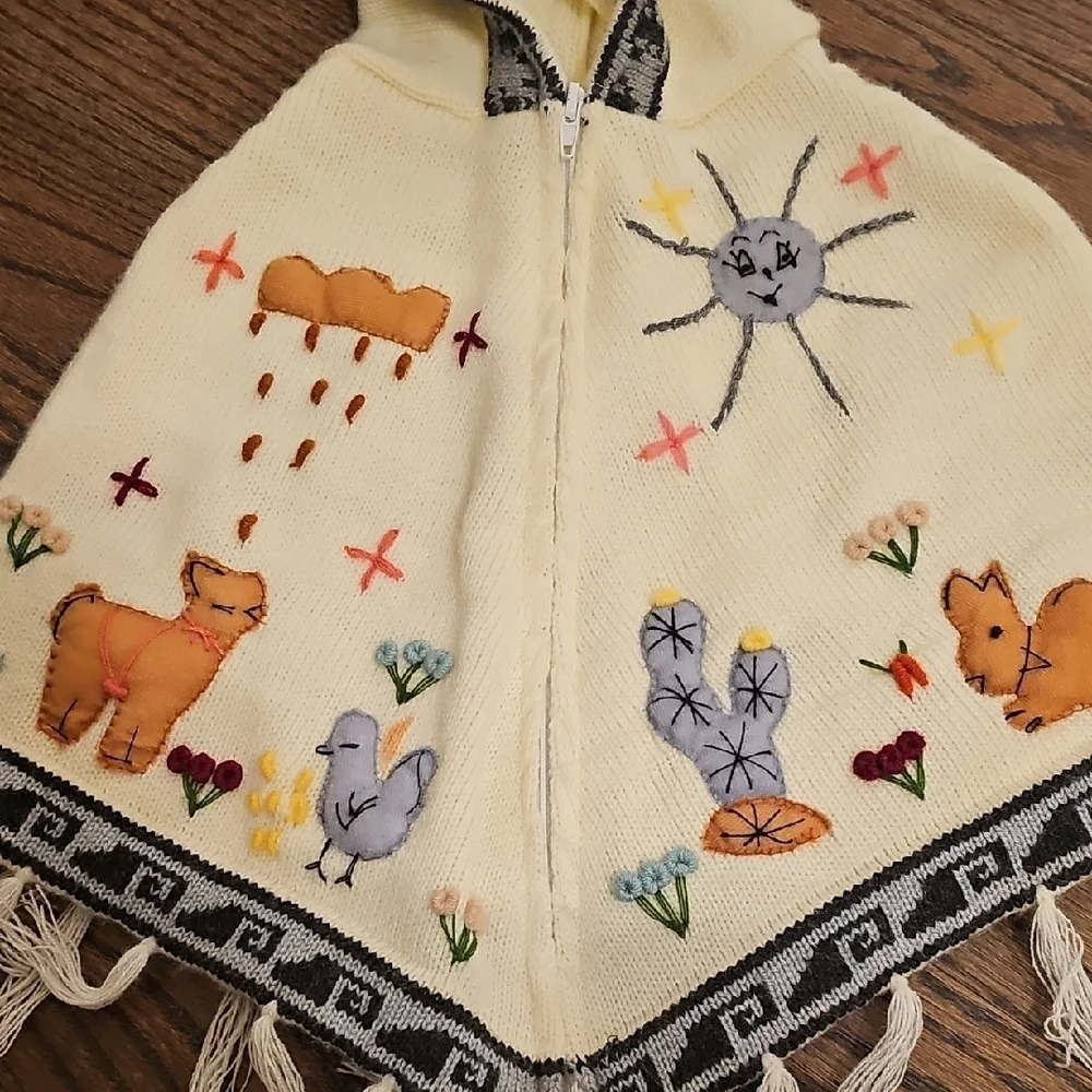 Children's Hand Embroidered Peruvian Style Hooded Zip Front Poncho - Picture 5 of 7